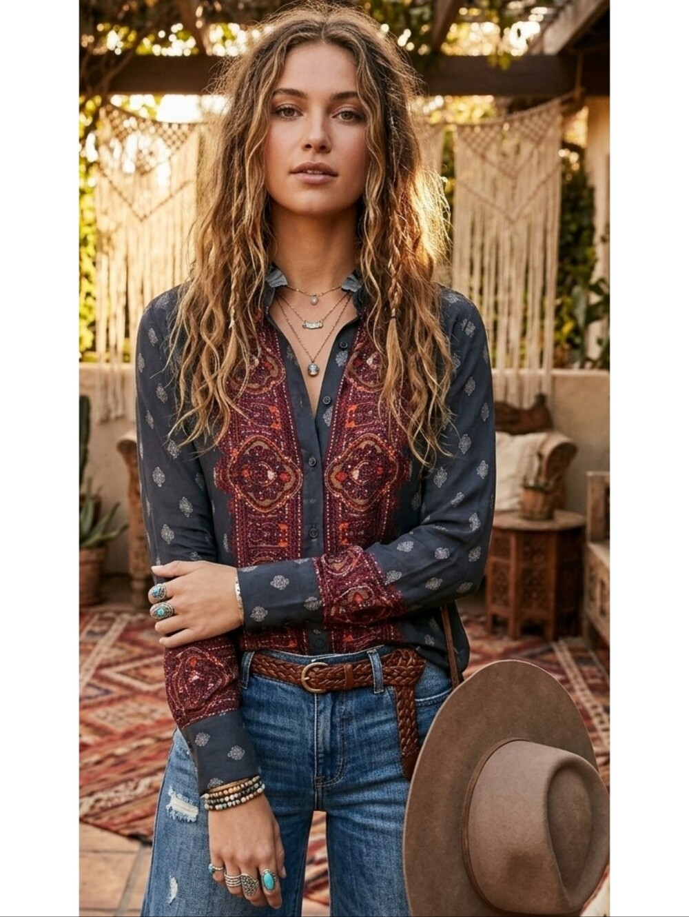 Free People Wishing Well Border Print Button Up Blouse Multicolor Size S